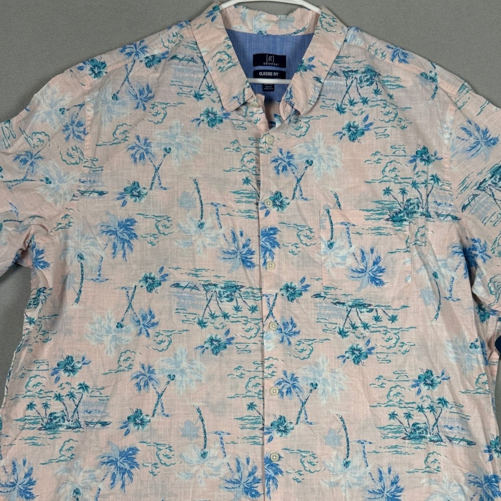 NEW George Shirt Mens 3XL Classic Fit Pink Blue Tropical Palm Tree Button Up